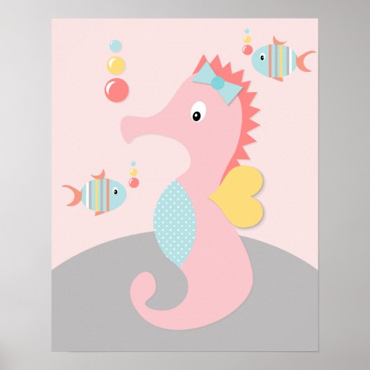 Meisjes Zee Ocean Life Pink Seahorse Art Poster (Voorkant)