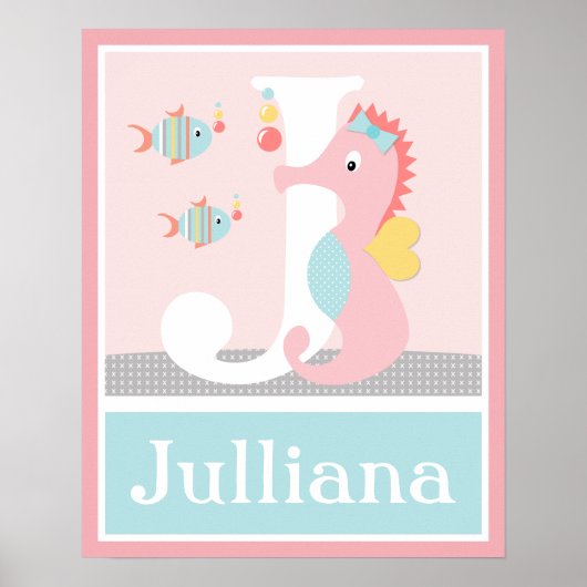 Meisjes Zee Ocean Life Pink Seahorse Initiaal Poster (Voorkant)