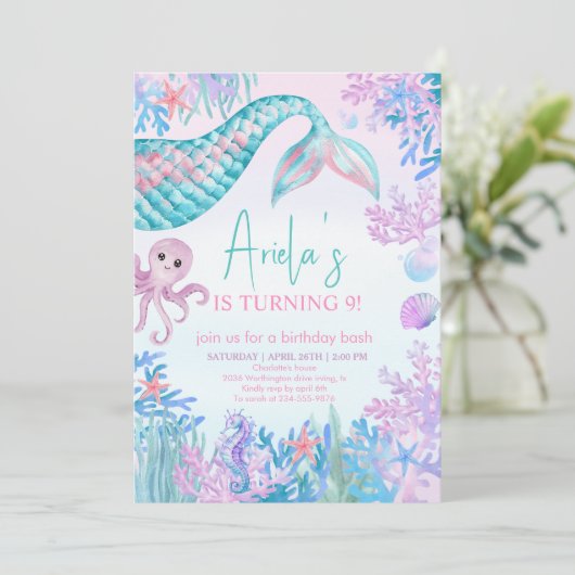 Meisjes Zeemeermin Bash Onder het Zee 1e Verjaarda Kaart (Staand voorkant)