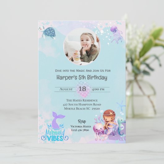 Meisjes Zeemeermin Foto Onder het Zee 5e Verjaarda Kaart (Staand voorkant)