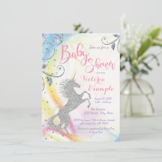 Meisjes Zilveren Eenhoorn Baby Douche Uitnodiginge Kaart (Staand voorkant)