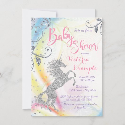 Meisjes Zilveren Eenhoorn Baby Douche Uitnodiginge Kaart