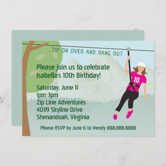 Meisjes Zip Line Lining Verjaardagsfeest Uitnodigi Kaart (Voorkant / Achterkant)