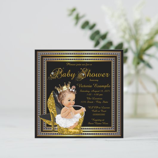Meisjes Zwart Goud Hoge Hak Baby shower Kaart (Staand voorkant)