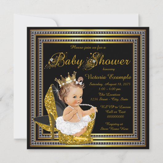 Meisjes Zwart Goud Hoge Hak Baby shower Kaart (Voorkant)
