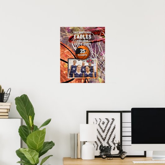 meisjes zwart oranje team kleuren foto basketbal poster (Thuiskantoor)