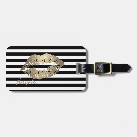Meisjes, zwart, witte strepen, lips bagagelabel (Voorkant horizontaal)