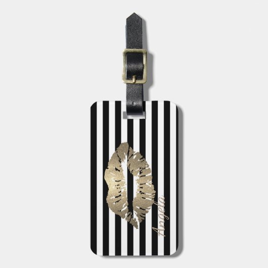 Meisjes, zwart, witte strepen, lips bagagelabel (Voorkant verticaal)