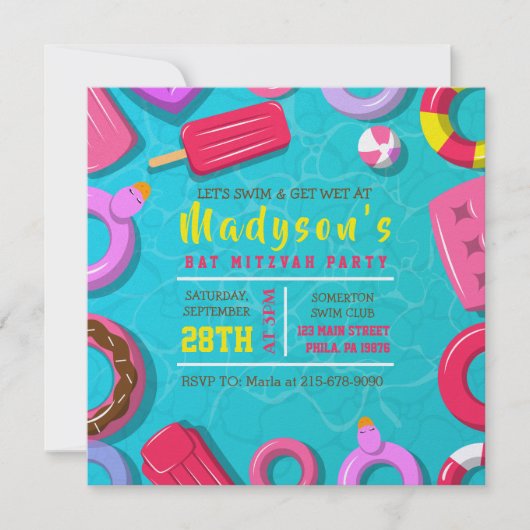 MEISJES ZWEMBAD DRIJFMATTEN Bat Mitzvah Feest Kaart (Voorkant)