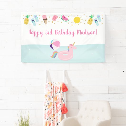 Meisjes Zwembad Party Ice Cream Sunshine Verjaarda Spandoek (Insitu)