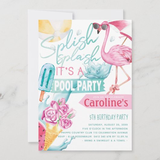 Meisjes Zwembad Party Verjaardag Kaart (Voorkant)