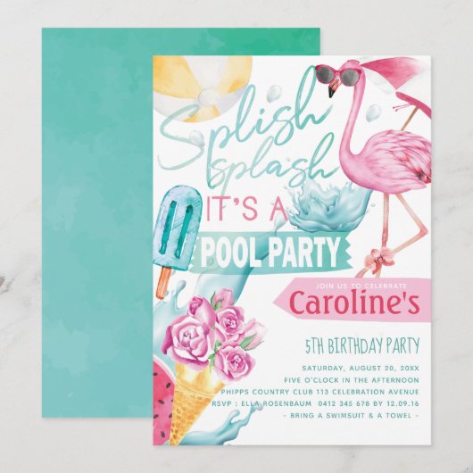 Meisjes Zwembad Party Verjaardag Kaart (Voorkant / Achterkant)