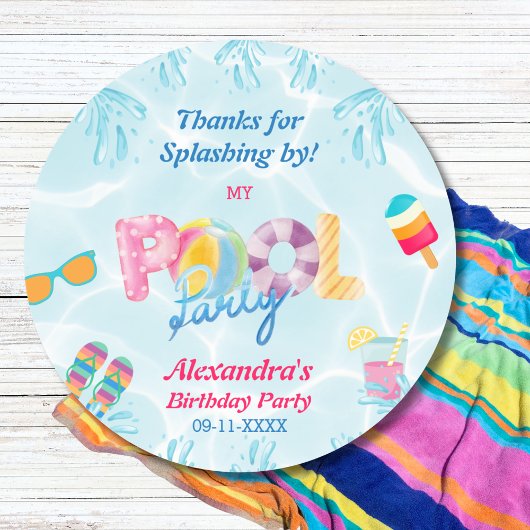 Meisjes Zwembad Party Verjaardagsgunst Dank u Ronde Sticker