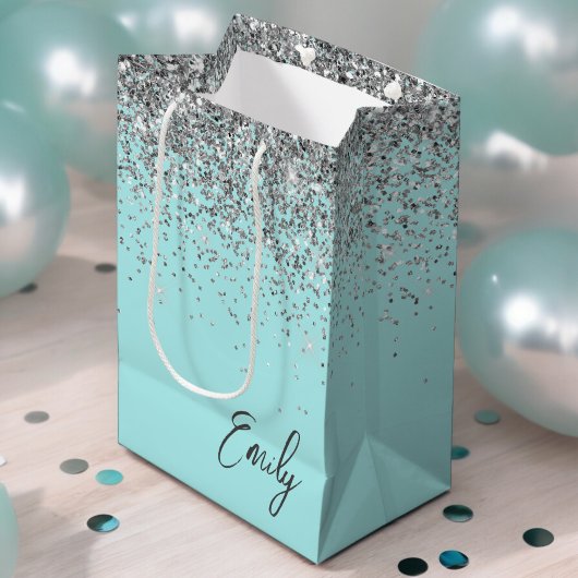 Meisjesachtig Aqua Blauwe Zilveren Glitter Monogra Medium Cadeauzakje
