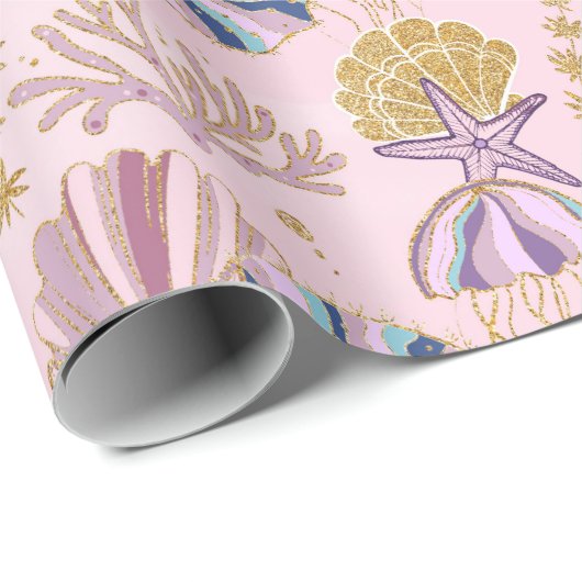 Meisjesachtig Baby Roze Onder de Zee Glitterend Cadeaupapier (Rol Hoek)