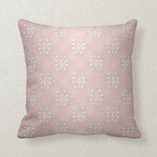Meisjesachtig babyroze en witte damast kussen