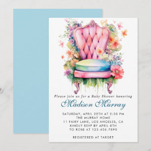Meisjesachtig blauwe en roze bloemstoel babyshower kaart