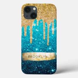 Meisjesachtig Blauwe Glitter Gouden Druppels Glans Case-Mate iPhone Case