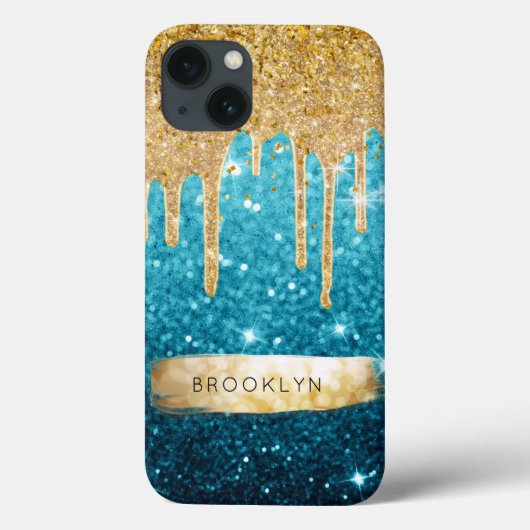Meisjesachtig Blauwe Glitter Gouden Druppels Glans Case-Mate iPhone Case (Achterkant)