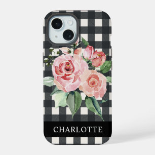 Meisjesachtig bloemmotief zwart wit Buffalo ruit n iPhone 15 Case