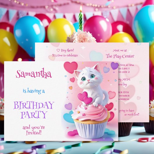 Meisjesachtig Cute Witte Kitten en Cupcake Verjaar Kaart