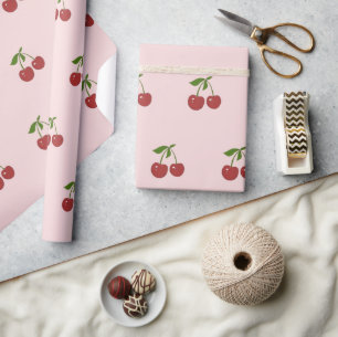 Meisjesachtig fruitpatroon pastelroze & rode kerse cadeaupapier