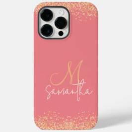 Meisjesachtig Glam Glitter Roze & Gouden Monogram Case-Mate iPhone 14 Pro Max Hoesje