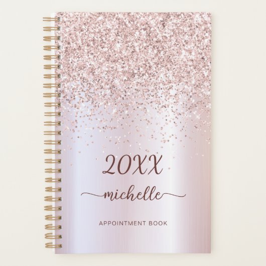 Meisjesachtig Glam Metal Roze Gouden Glitter Monog Planner (Voorkant)