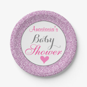 Meisjesachtig & Glam Roze Paars Glitter Baby Showe Papieren Bordje