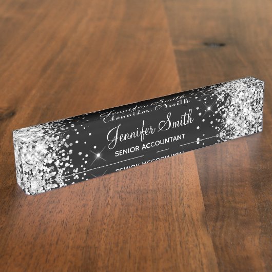 Meisjesachtig glinsterend zilver glitter zwart naambordje (Zijkant)