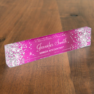 Meisjesachtig Glitterige Zilveren Nep Roze Folie Naambordje