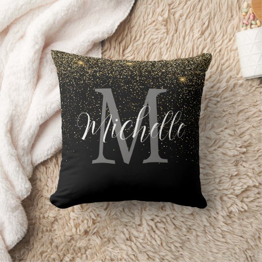 Meisjesachtig Goud Zwart Glitter Monogram en Naam  Kussen (Deken)