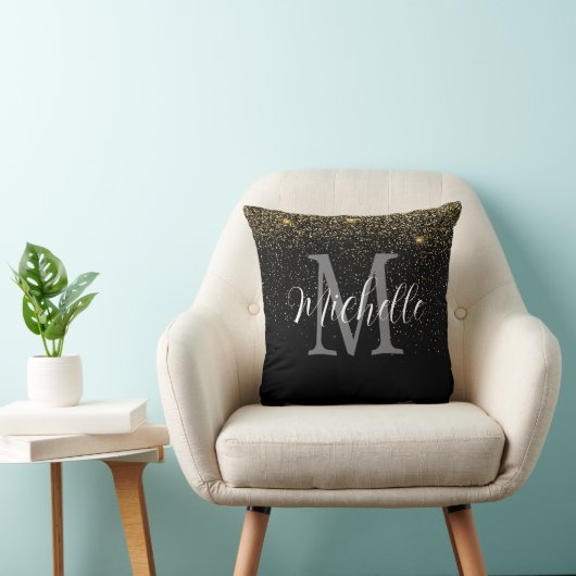 Meisjesachtig Goud Zwart Glitter Monogram en Naam  Kussen (Stoel)