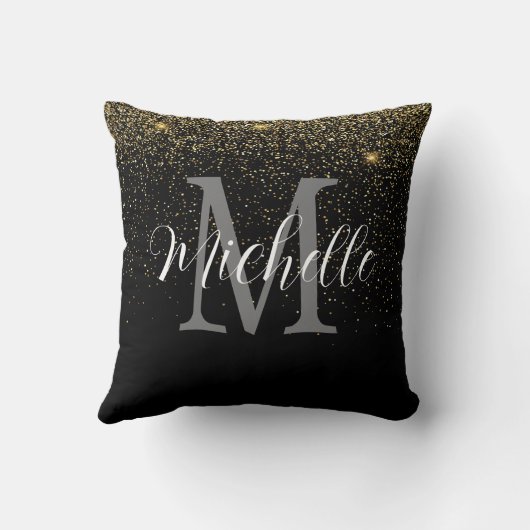 Meisjesachtig Goud Zwart Glitter Monogram en Naam Kussen (Achterkant)