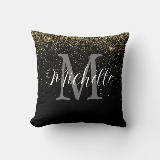 Meisjesachtig Goud Zwart Glitter Monogram en Naam Kussen (Voorkant)
