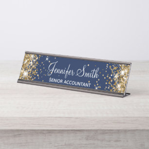Meisjesachtig Nep Gouden Glitter Middernachtblauw Bureau Naambordje