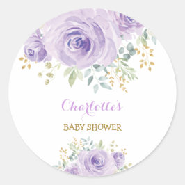 Meisjesachtig paars lila bloemig favor voor babysh ronde sticker