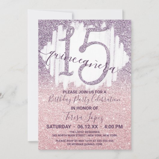 Meisjesachtig Paars Roze Nep Glitter Ombre Quincea Kaart (Voorkant)
