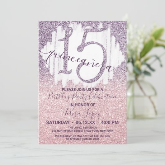 Meisjesachtig Paars Roze Nep Glitter Ombre Quincea Kaart (Staand voorkant)