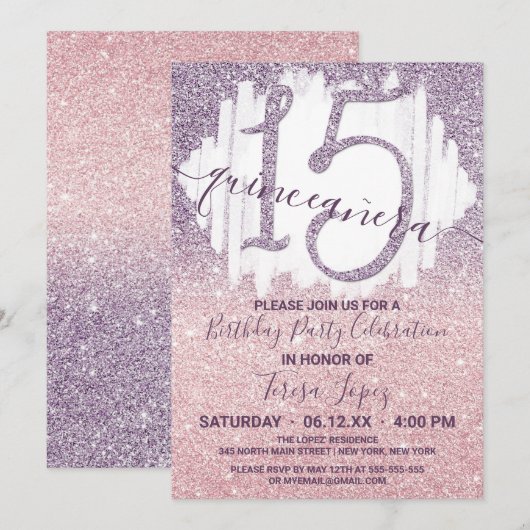 Meisjesachtig Paars Roze Nep Glitter Ombre Quincea Kaart (Voorkant / Achterkant)