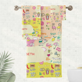 Meisjesachtig Pastel Roze Kawaii Doodle Bad Handdoek