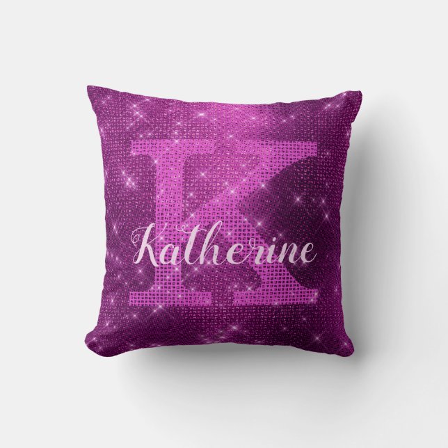 Meisjesachtig Pruim Paars Chic Glam Glitter Monogr Kussen (Voorkant)