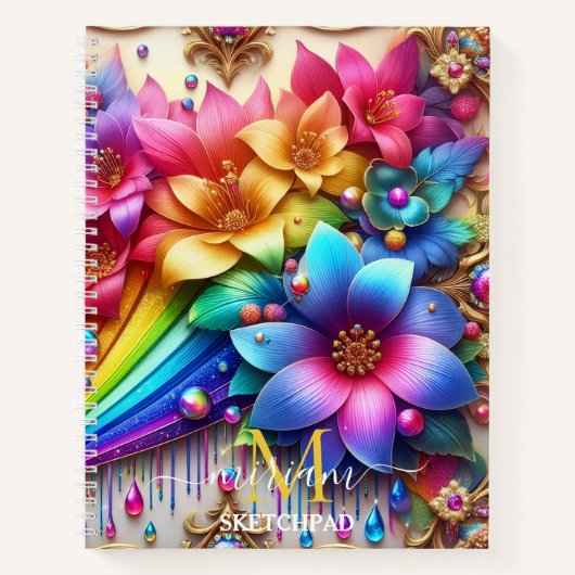 Meisjesachtig Regenboog Bloem Monogram Notitieboek (Voorkant)