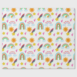 Meisjesachtig regenboog zon ster naam patroon voor cadeaupapier