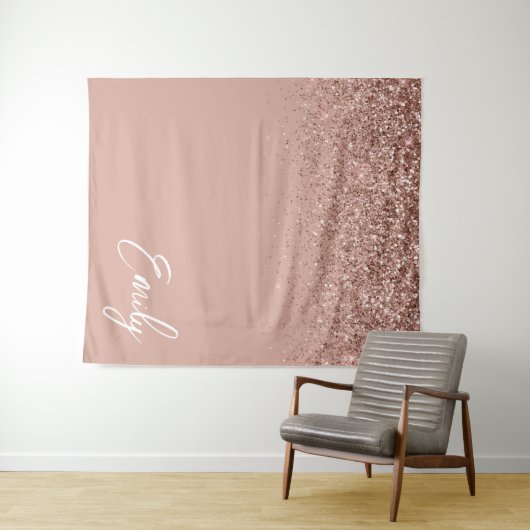 Meisjesachtig Rose Goud Blush Roze Glitter Monogra Wandkleed (In Situ (horizontaal))