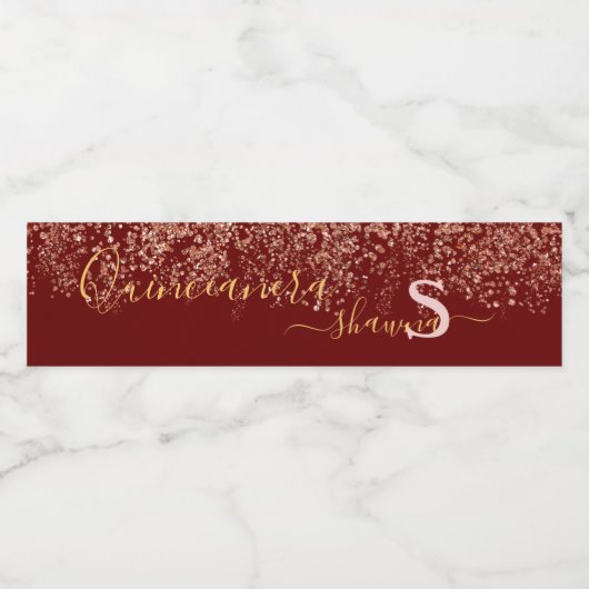 Meisjesachtig Rose Goud en Bordeauxkleurig Monogra Waterfles Etiket (Enkel label)