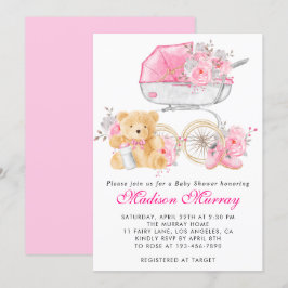 Meisjesachtig Roze Bloem Stroller Pram Baby Shower Kaart