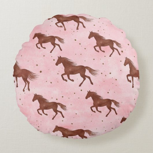 Meisjesachtig Roze Bruine Paarden Strepen Rond Kussen (Voorkant)