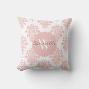 Meisjesachtig Roze Damast Monogram Kussen