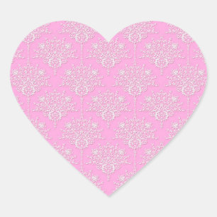 Meisjesachtig roze en wit damastpatroon hart sticker